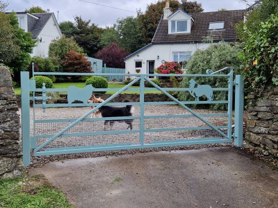 Estate style Driveway gate with customers dogs profile laser cut and fitted in.